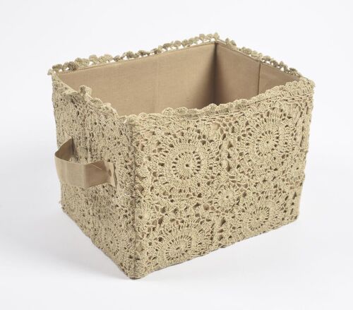 Crochet Khaki Cotton Foldable Storage Hamper