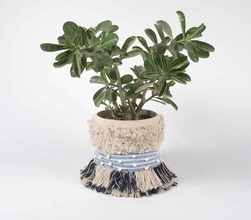 Shaggy Tasseled Cotton & Jute Blue Basket