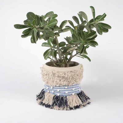 Shaggy Tasseled Cotton & Jute Blue Basket