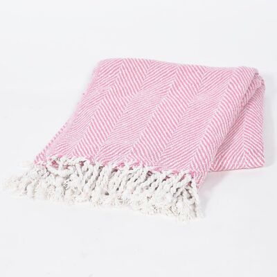 Jeté à pompons en coton teint en fil rose à chevrons