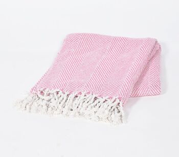 Jeté à pompons en coton teint en fil rose à chevrons 1