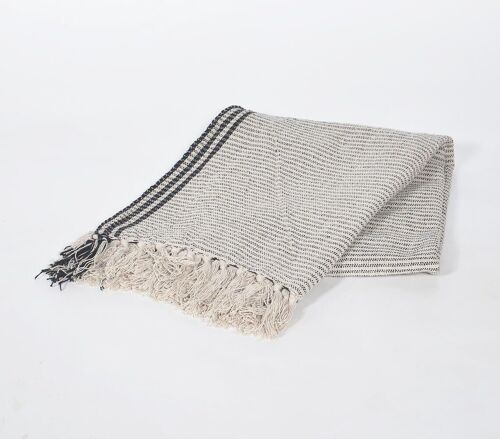 Yarn-Dyed Cotton Grey Striped Tasseled Throw