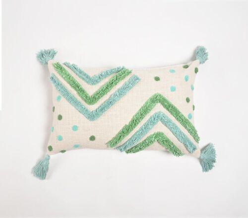 Handwoven Cotton Shaggy Tufted Blue & Green Cushion Cover