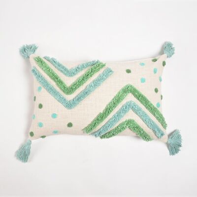 Housse de coussin bleu et vert touffetée en coton tissé à la main