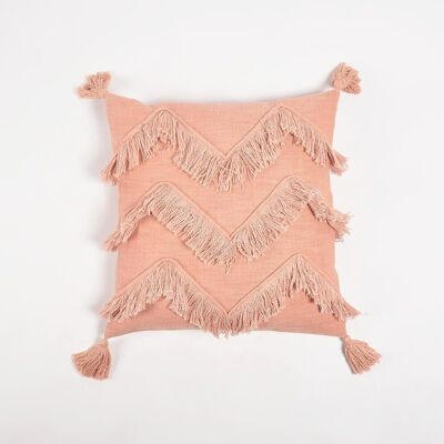 Housse de coussin à pompons en coton tissé à la main rose bébé