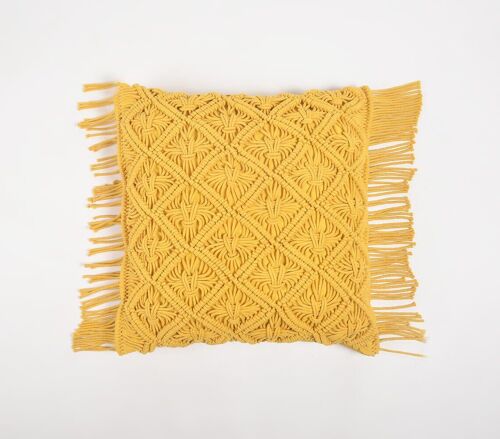 Macrame Cotton Mustard Cushion Cover with Fringes