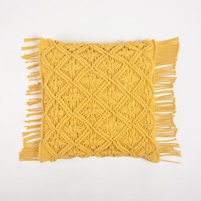 Macrame Cotton Mustard Cushion Cover with Fringes