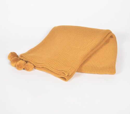 Knitted Mustard Combed Cotton Tasseled Throw