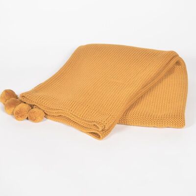 Knitted Mustard Combed Cotton Tasseled Throw