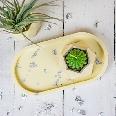 Jesmonite juego de bandeja ovalada para baratijas y mini jardinera, amarillo pastel