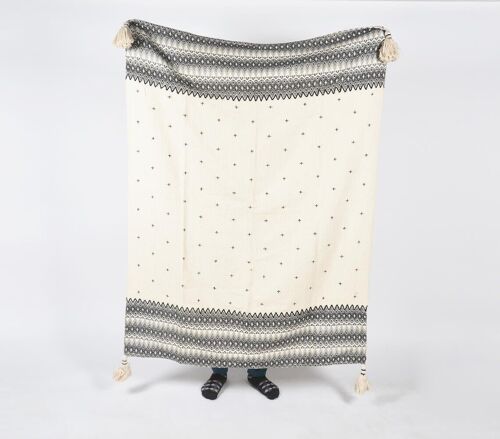 Handwoven Cotton Monochrome Geometric Tasseled Throw