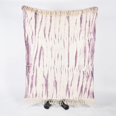 Shibori Tie-and-Dye-Mauve-Baumwollüberwurf mit Quasten