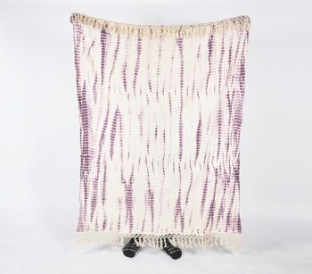 Jeté en coton mauve tie-and-dye Shibori avec pompons 1