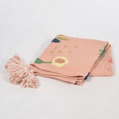 Tiro de algodón en telar manual con borlas y campo floral