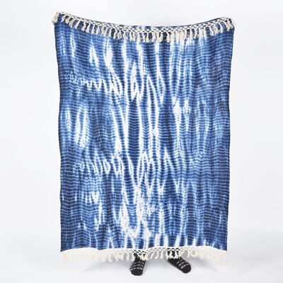 Manta Shibori de algodón índigo Tie-and-Dye con borlas