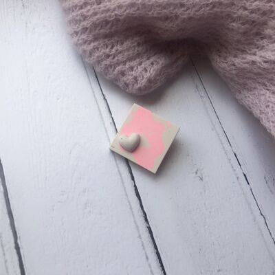 Stone and pink jesmonite square brooch with heart