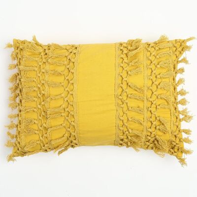 Housse de coussin jaune à pompons