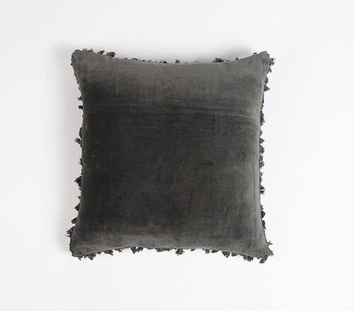 Solid Velvet Cotton Cushion Cover with Border Fringes, 18 x 18 inches