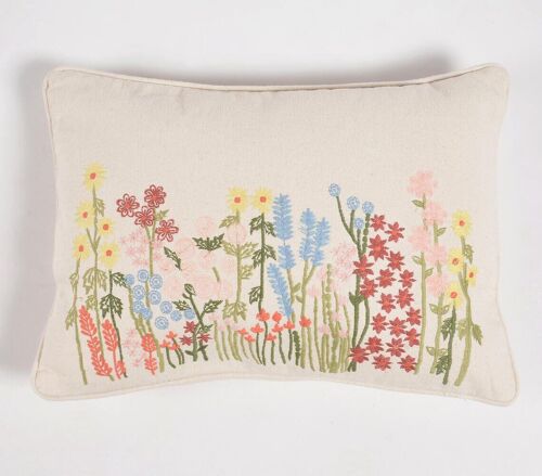 Hand Embroidered Cotton Lumbar Cushion cover, 20 x 14 inches