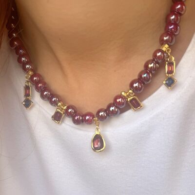 Handmade Beaded Necklace, Women Necklace, Bordeaux Beaded Pendant, Ceramic Beads Necklace, Gift for Her, Made in Greece.