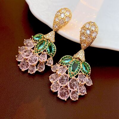 Sparkling Dreamy Large Drop Earrings - Pink n Yellow Gemstones