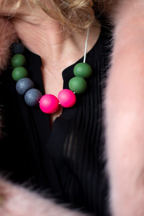 Khaki, neon pink and granite necklace
