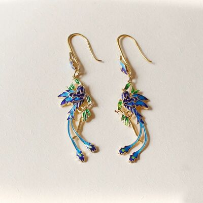 Boucles d'oreilles pendantes royales chinoises-Cloisonné-Phoenix n Flower