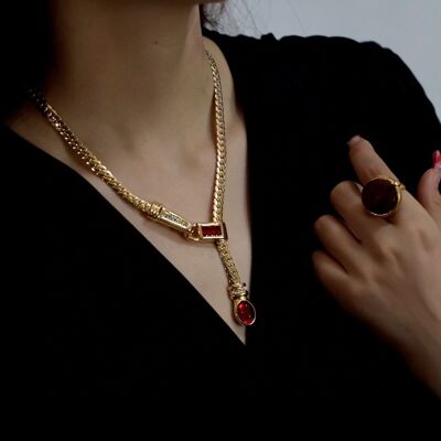 Vintage inspired Ruby-look chunky Bone Chain Necklace