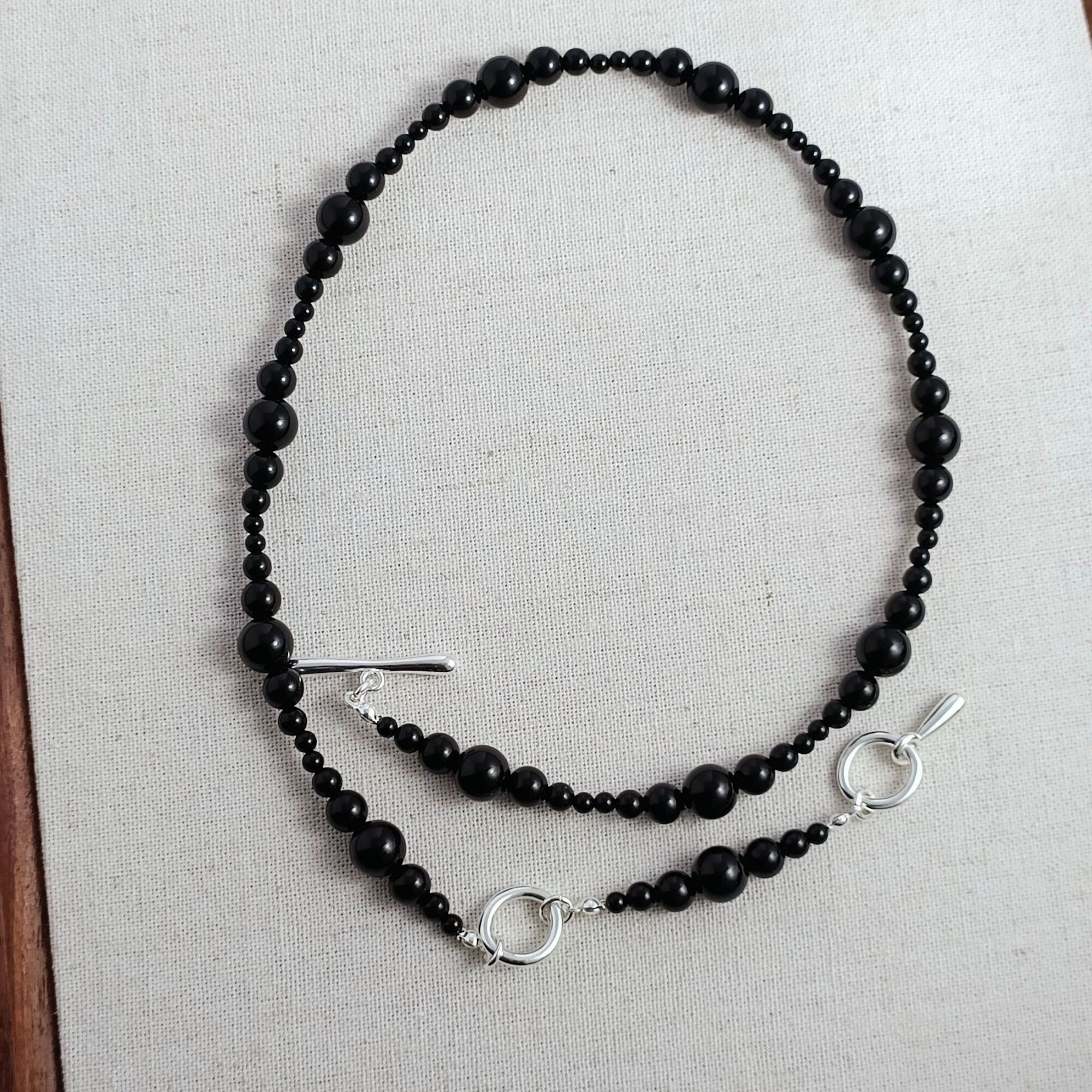 Collier minimaliste de perles d’onyx noir-fermeture en argent