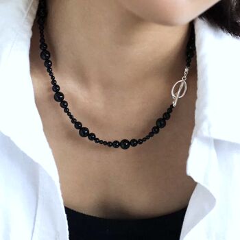 Collier minimaliste de perles d’onyx noir-fermeture en argent 3