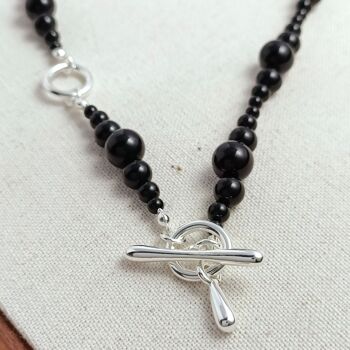 Collier minimaliste de perles d’onyx noir-fermeture en argent 6