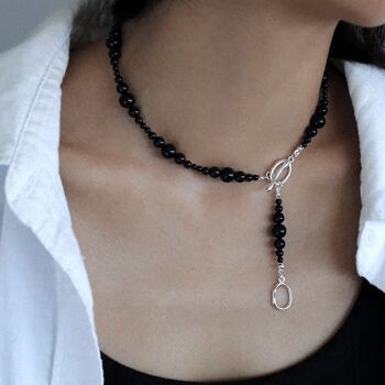 Collier minimaliste de perles d’onyx noir-fermeture en argent 7