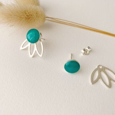 Boucles d’oreilles FLEUR vert bleu, puces modulables, 3 en 1