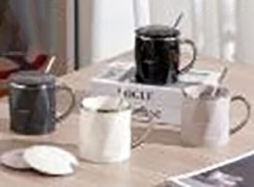 Ceramic mug with lid and spoon in 4 colors with silver details. LM-207