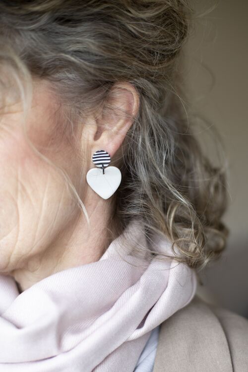 Pearlescent white and stripe heart earrings