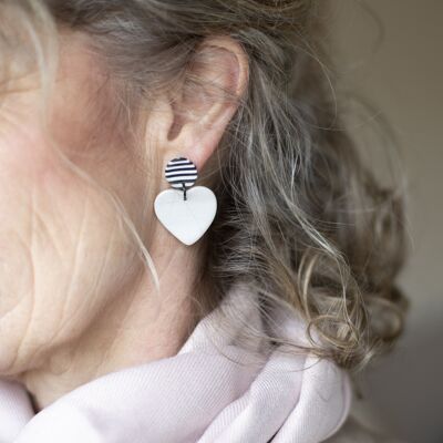 Pearlescent white and stripe heart earrings