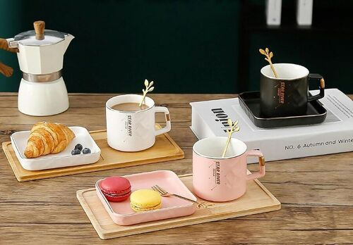 Ceramic mug with saucer and spoon in 3 colors. Capacity: 250ml LM-213