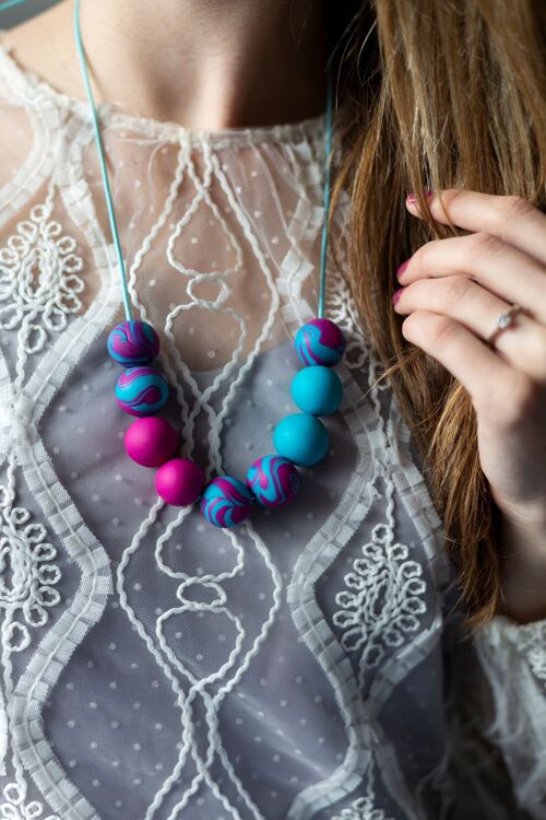 Turquoise and hot pink marbled statement necklace