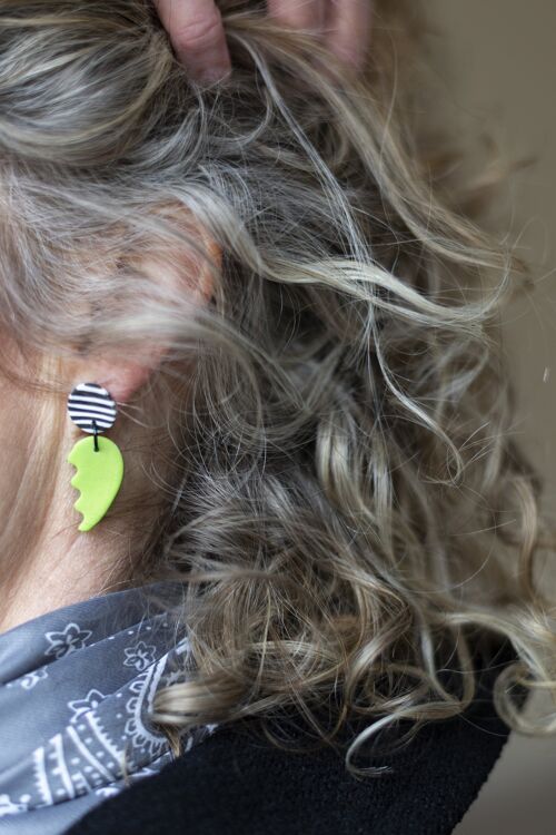 Pearlescent green and black & white stripe broken heart earrings