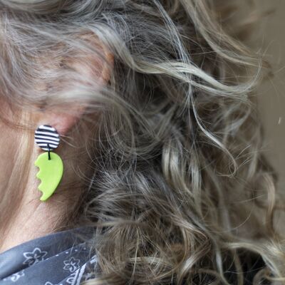 Pearlescent green and black & white stripe broken heart earrings