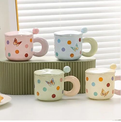 "BUTTERFLY" ceramic mug with lid and spoon in 4 pastel colors. LM-222