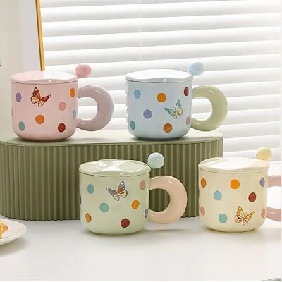 "BUTTERFLY" ceramic mug with lid and spoon in 4 pastel colors. LM-222