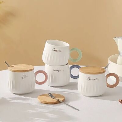 Ceramic mug with wooden bamboo lid and spoon in 4 colors. LM-223
