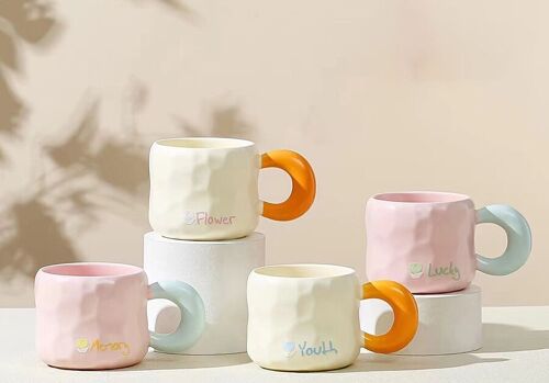 Ceramic mug "MEMORY-FLOWER-YOUTH-LUCKY" in 4 pastel colors. LM-224