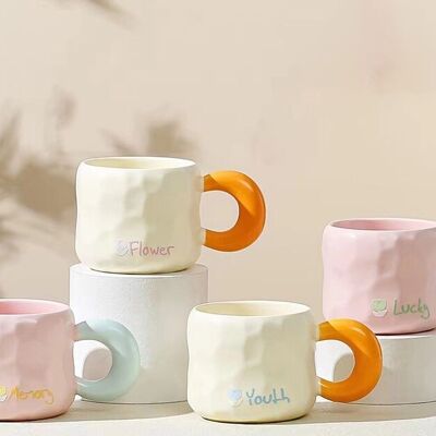 Ceramic mug "MEMORY-FLOWER-YOUTH-LUCKY" in 4 pastel colors. LM-224