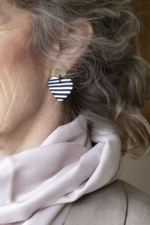 Glitter gold and black & white stripe heart earrings