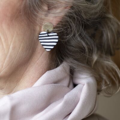 Glitter gold and black & white stripe heart earrings