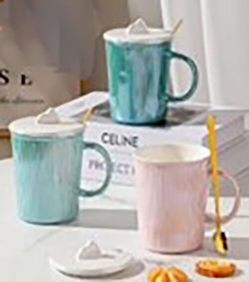 Taza de cerámica con tapa y cuchara decoradas con aspecto tornasol en 3 colores. LM-232