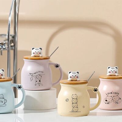 " Mug en céramique "CAT" avec couvercle en bambou décoré et cuillère en 4 couleurs pastel. Capacité : 350 ml LM-235