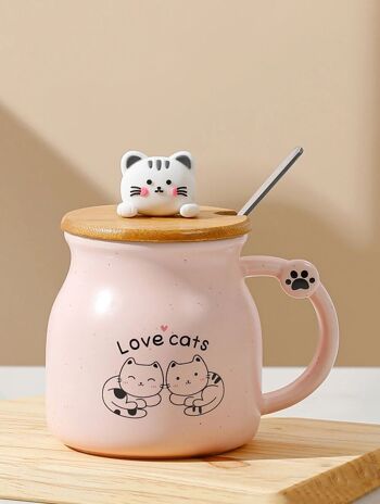 " Mug en céramique "CAT" avec couvercle en bambou décoré et cuillère en 4 couleurs pastel. Capacité : 350 ml LM-235 2